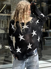 Aiertu  -  Street Stars Printed irregular Wide Collar Sweater Hot Girl Loose Thin Ripped Knit Sexy See Through Pullovers Long Sleeve Aiertu