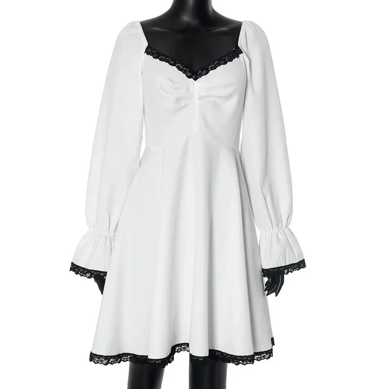 Aiertu       -  Lace Splice Big Hem Long Sleeve Dress Lady Eelgant Contrast Color Square Collar Fashion Club Party Dress Loose High Waist Aiertu