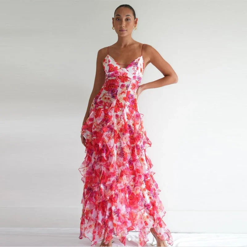 Aiertu  -  Printed Multi-layer Ruffled Split Long Dress Women's High Waist Backless Slim Zipper Sling Dresses 2026 Summer Holiday Sexy Robe Aiertu