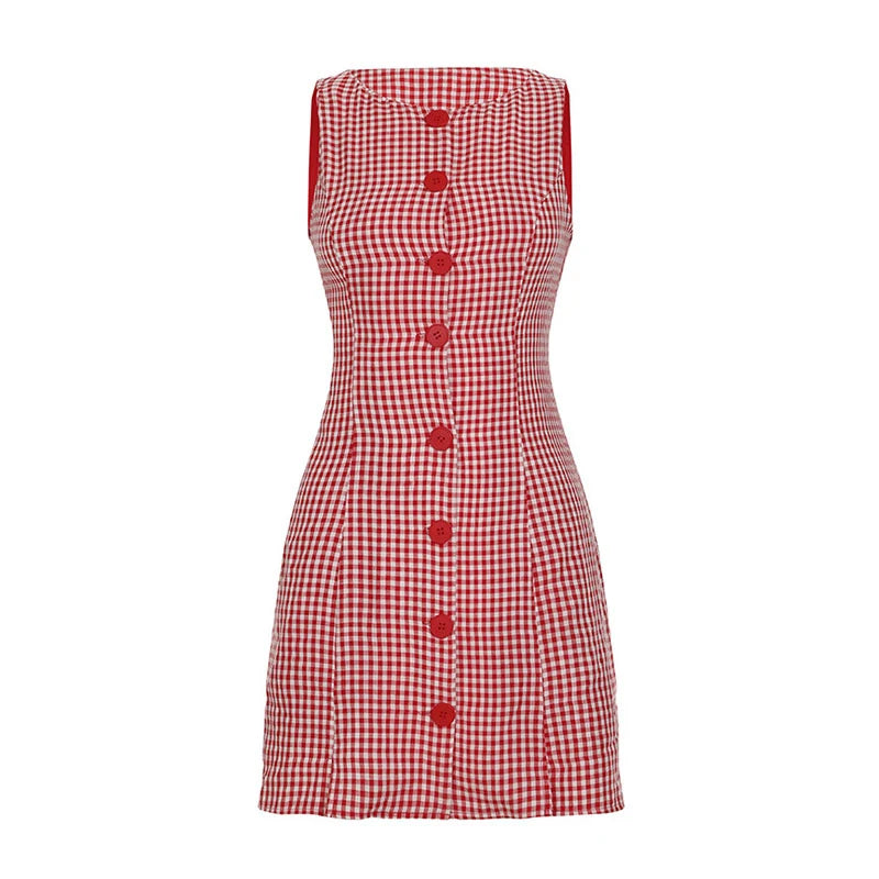 Aiertu  -  Round Neck Sleeveless Plaid Dress Woman Single Breasted Patchwork A-Line Short Dresses Casual Slim Women's Versatile Mini Dress Aiertu