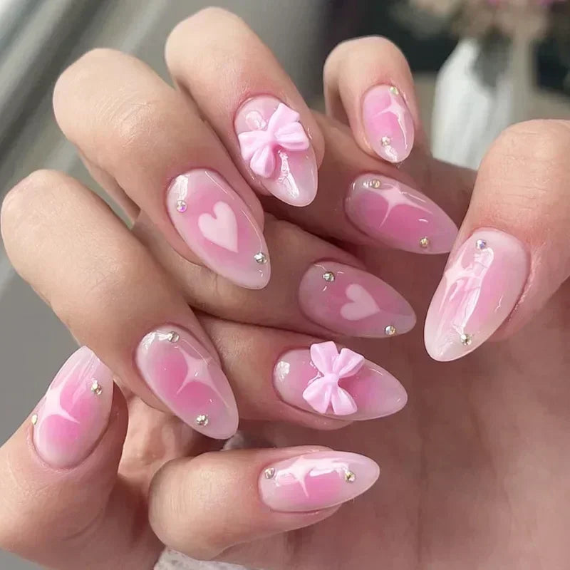 Aiertu 24Pcs Pink Almond French Press on Nails With 3D Bow ripple charms Design Fake Nails Ballerina False Nails Full Cover Nail Tips Aiertu