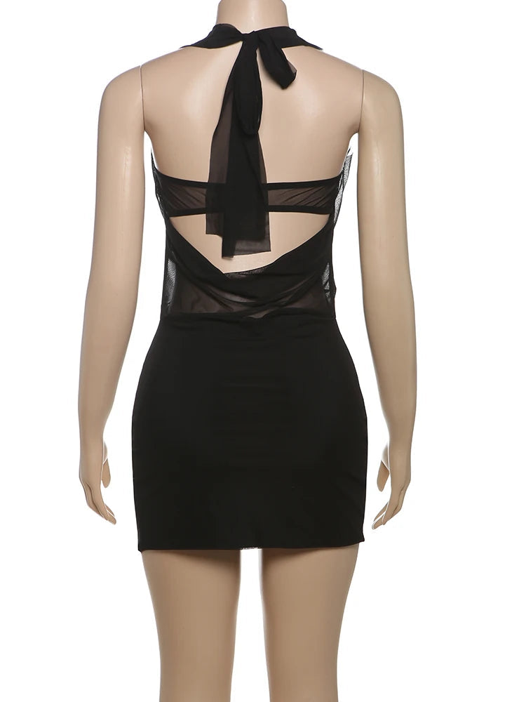 Aiertu  -  Sexy Frenulum Women Dress Mesh Halter Patchwork Wrap Chest Buckle Hollow Backless Sleeveless Swing Collar Mini Bodycon Aiertu