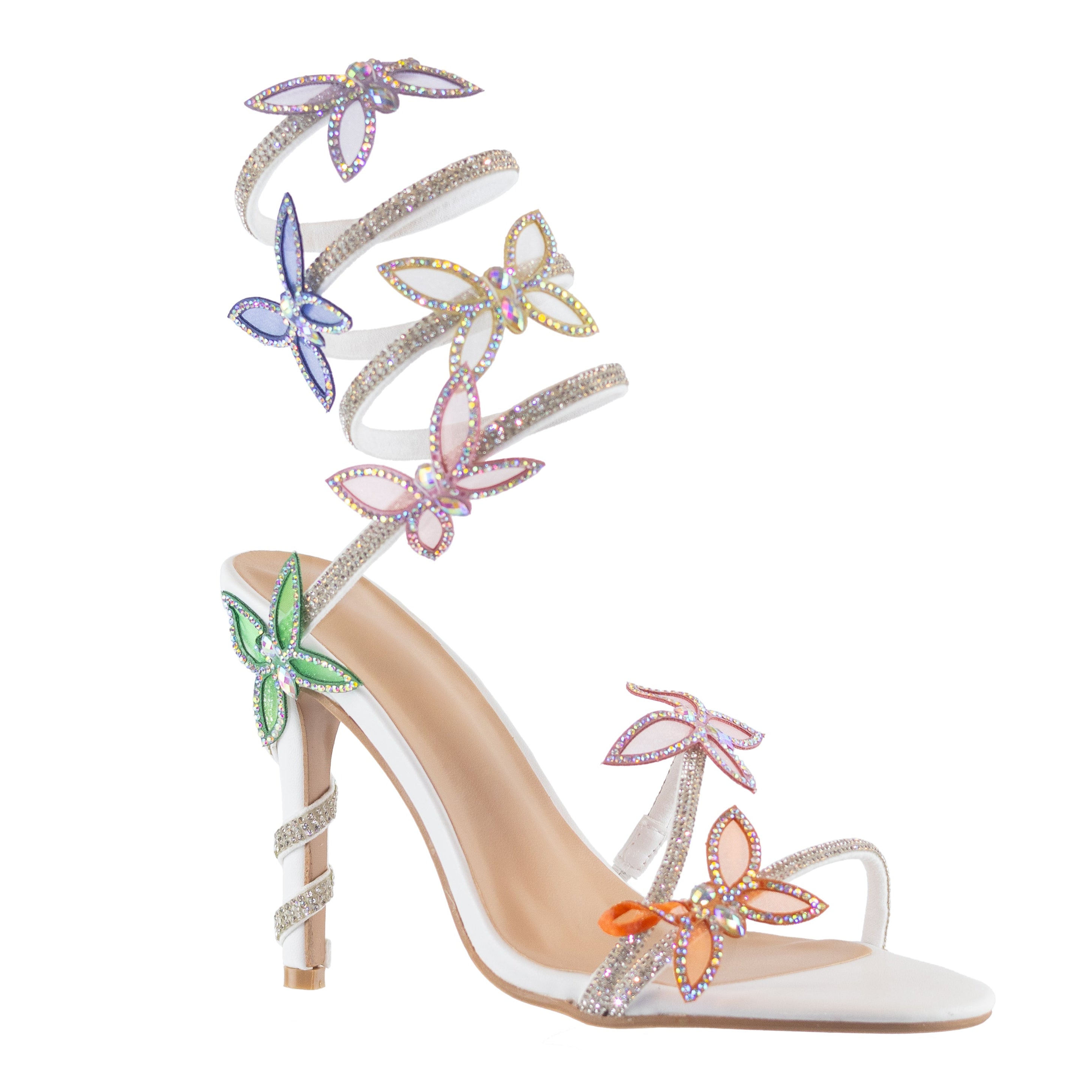 Aiertu  Game - Open Toe Elegant High Heel Sandals, Adjustable Spiral Coil Strap, Rhinestone Butterfly Accents, Glamorous Party Footwear, Eye-Catching Design Aiertu