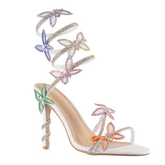 Aiertu  Game - Open Toe Elegant High Heel Sandals, Adjustable Spiral Coil Strap, Rhinestone Butterfly Accents, Glamorous Party Footwear, Eye-Catching Design Aiertu