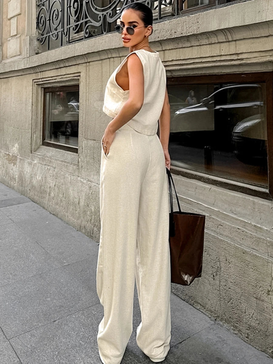 Aiertu  -  Summer Womem Fashion Round Neck Sleeveless Top Pants Suit Two-Piece Set Office Ladies Chic Pants Suits Womens Outfits Aiertu