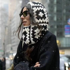 Aiertu  -  Women Knitted Balaclava Cap Winter Woolen Beanie Hats Handmade Crochet Floral Hat Girl Fashion Bonnet Neck Ear Warmer Hooded Hat Aiertu