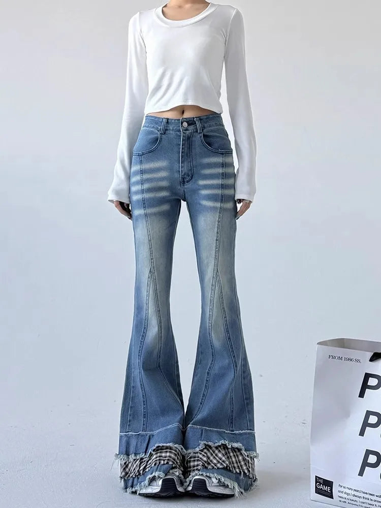 Aiertu  -  2000s Distressed Bootcut Cake Pants Women Vintage Patchwork Plaid Whiskers High Waist Flare Jeans Kawaii Bell Bottoms Aiertu