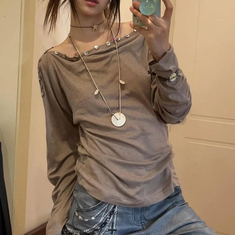 Aiertu  -  Autumn Harajuku Off The Shoulder Buttons Design Tops Y2k Aesthetic American Vintage Loose Women Shirts Japan Punk Girl Clothes Aiertu