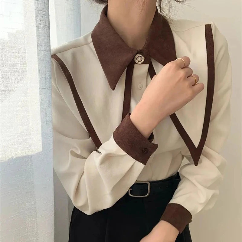 Aiertu Vintage Elegant Shirts Women Chiffon Patchwork Ruffle Turn Down Collar Long Sleeve Blouse Korean Office Lady Loose Tops Aiertu