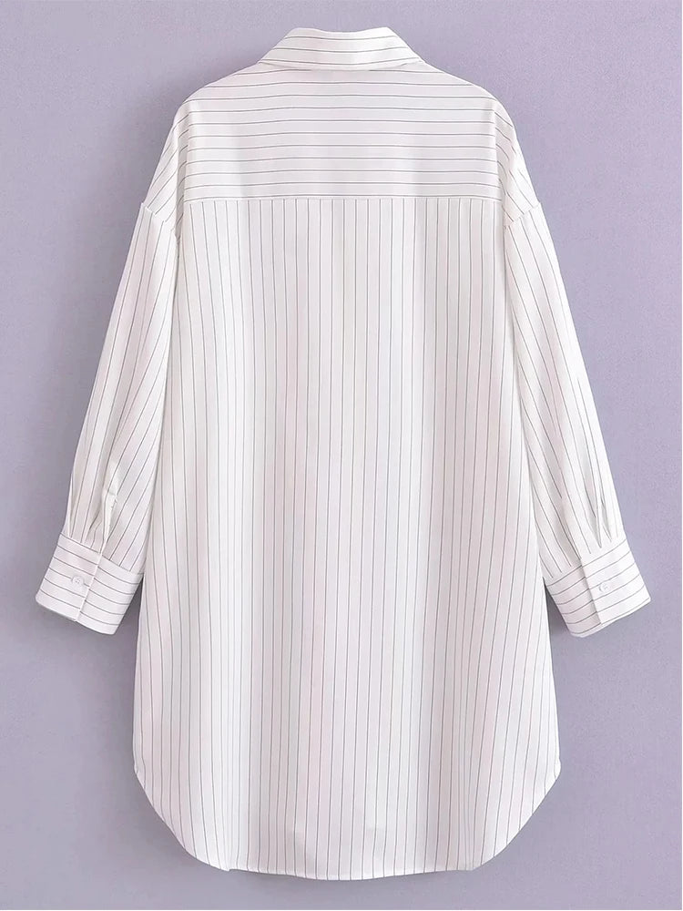 Aiertu  -  White Stripe Shirt Dress Women Autumn Spring Slit Casual Oversize Single Breasted Turn Down Collar Short Summer Dress Aiertu