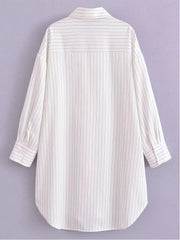 Aiertu  -  White Stripe Shirt Dress Women Autumn Spring Slit Casual Oversize Single Breasted Turn Down Collar Short Summer Dress Aiertu