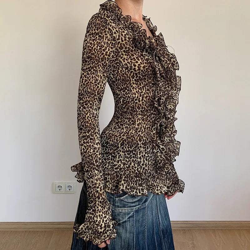 Aiertu  -  Y2k Aesthetic Women Sexy Blouse Leopard Sexy Single Breasted Slim Fit Grunge Shirt Harajuku Ruffled See Through Streetwear Blusa Aiertu