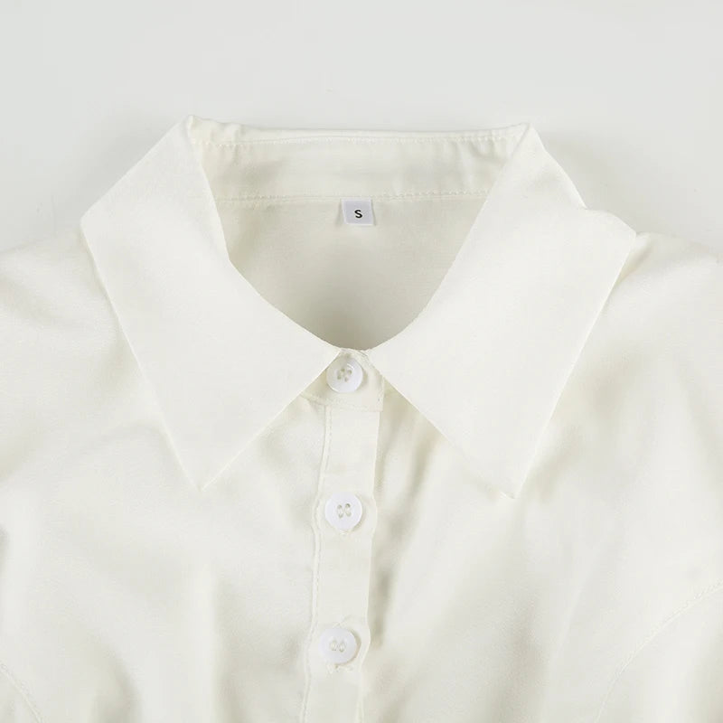 Aiertu  -  Casual Solid White Crop Blouses for Women Fashion Turn-down Neck Shirts Streetwear Korean Y2K Button Up Clothings Aiertu