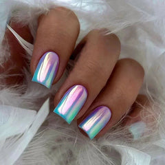 Aiertu 24Pcs Short False Nails Aurora Cat Eye with French Design Simple Metallic Full Cover Wearable Chrome Press on Fake Nails Tips Aiertu