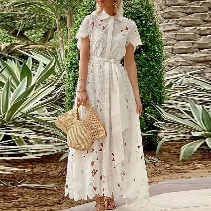 Aiertu  -  Summer Women's Lapel Tie Up Lace Dress Sexy Hollow Short Sleeved Single Breasted Long Dress Casual Solid Color Holiday Dresses Aiertu
