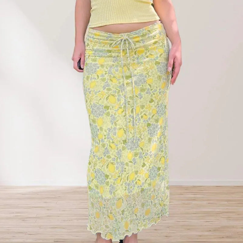 Aiertu  -  2 Pieces Set Yellow Sleeveless Crop Top and Floral Mesh Long Skirt Coords Sets Woman Vacation Summer Outfits P84-DI29 Aiertu