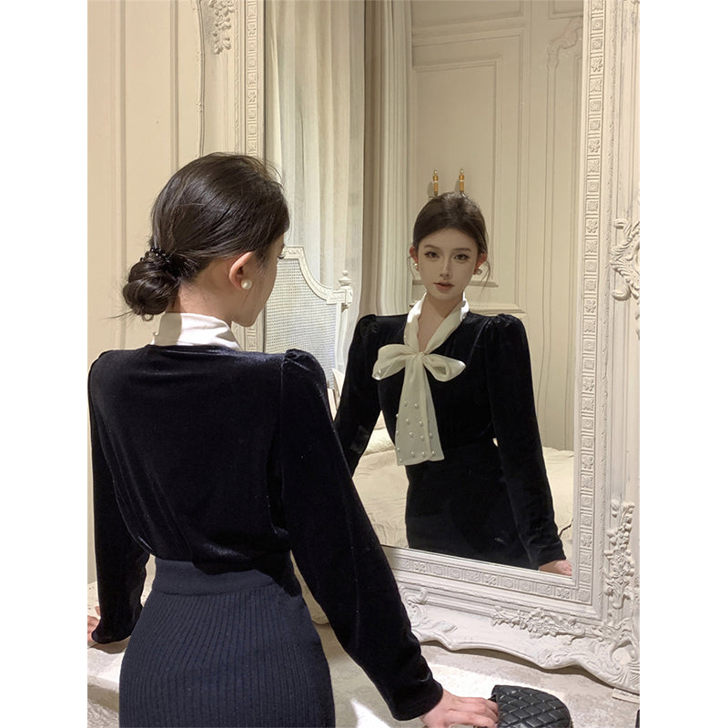 Aiertu Vintage Bow Shirts Women Elegant Black Velvet Blouses Office Lady Korean Party Long Sleeve Chic Basic All Match Tops New Aiertu