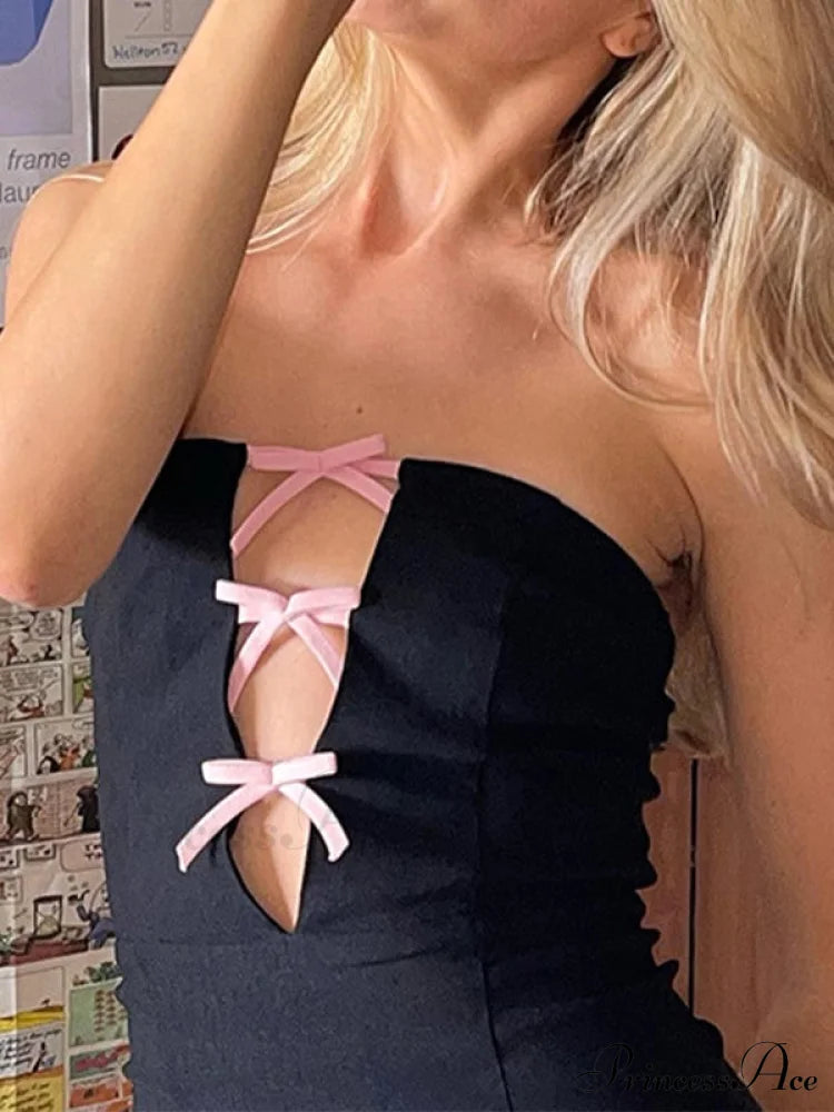 Aiertu  Bow Embellish Graceful Black Halter Mini Dress Aiertu