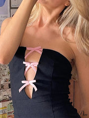 Aiertu  Bow Embellish Graceful Black Halter Mini Dress Aiertu