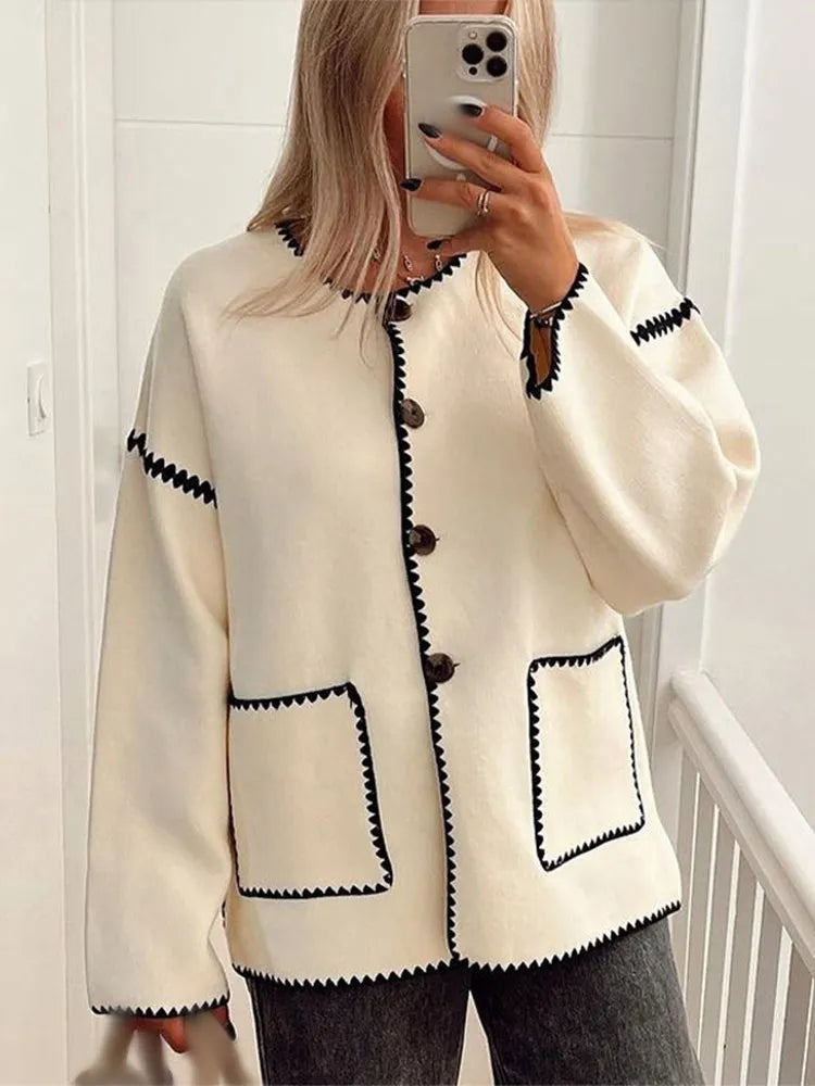 Aiertu  -  Autumn Women Contrast O Neck Loose Jacket Femlae Elegant Long Sleeves Loose Coat 2026 New Winter Lady High Street Outercoat Aiertu