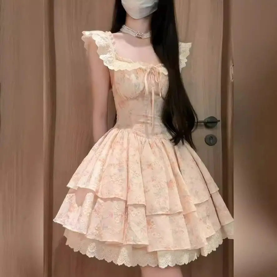Aiertu  -  Hot Girl Lace Flying Sleeve Floral Dress for Women's Summer Slim Fit Square Collar A-line Short Dress Fashion Female Clothes Aiertu