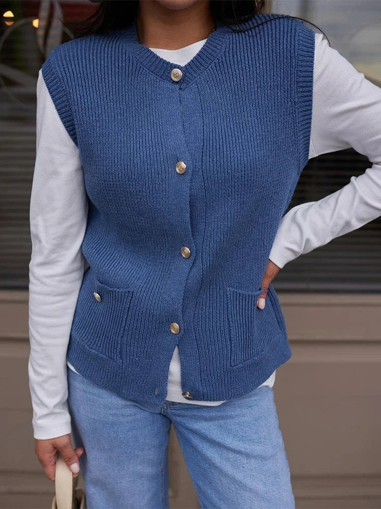 Aiertu  -  Trendix Vintage Knit Cardigan Vest Women Winter Fashion Sleeveless Button Pocket Tank Top Femme Solid Casual Knitwear Streetwear Aiertu