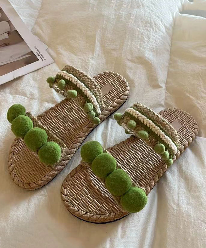 Aiertu  Green Fuzzy Ball Decorated  Splicing Slide Sandals Peep Toe Aiertu