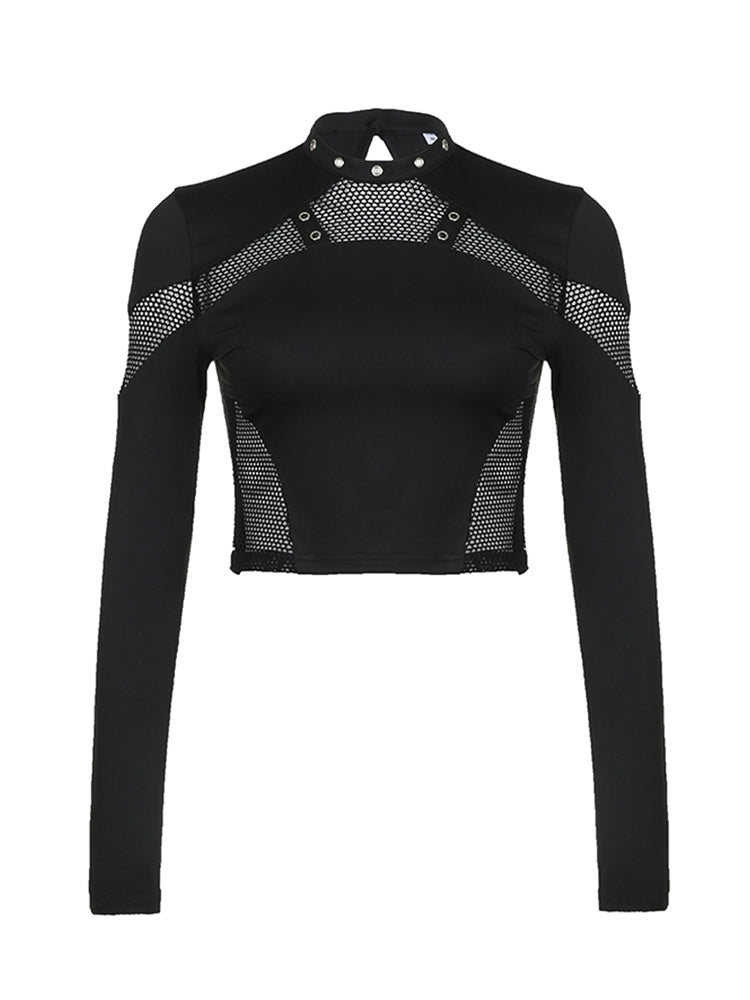 Aiertu - summer inspo Punk Style Metal Eyelet Black Long Sleve T Shirt Women Dark Academia Mesh Patchwork Chic Tee Halloween Streetwear Aiertu