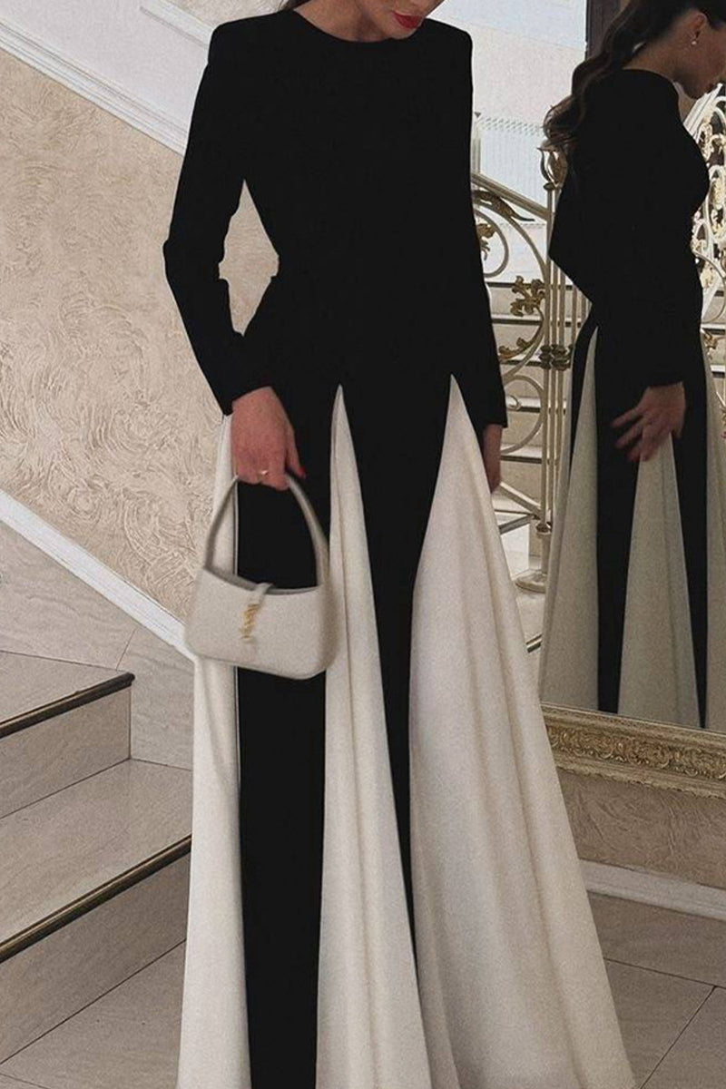 Aiertu  -  Elegant Solid Color Contrast O Neck Long Dresses Aiertu