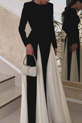 Aiertu  -  Elegant Solid Color Contrast O Neck Long Dresses Aiertu