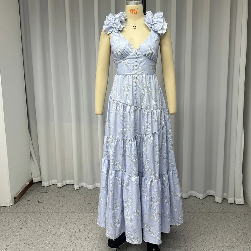 Aiertu  -  Women Maxi Dress Elegant Sweet Sleeveless V Neck Petal Sleeve Cross-Strap Printed Nipped Waist Backless Lace Up Dresses Aiertu
