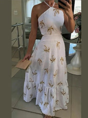 Aiertu  -  Elegant Print Lace Up Halter Long Dress For Women Fashion Hollow Waist Backless A-line Dresses 2026 New Lady Evening Party Robes Aiertu