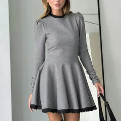 Aiertu  -   party look snspos Ruffle Lace Mini Dress Women O Neck Long Sleeve Slim A Line Short Dress High Waist Pullover Patchwork Party Y2k Dress Aiertu