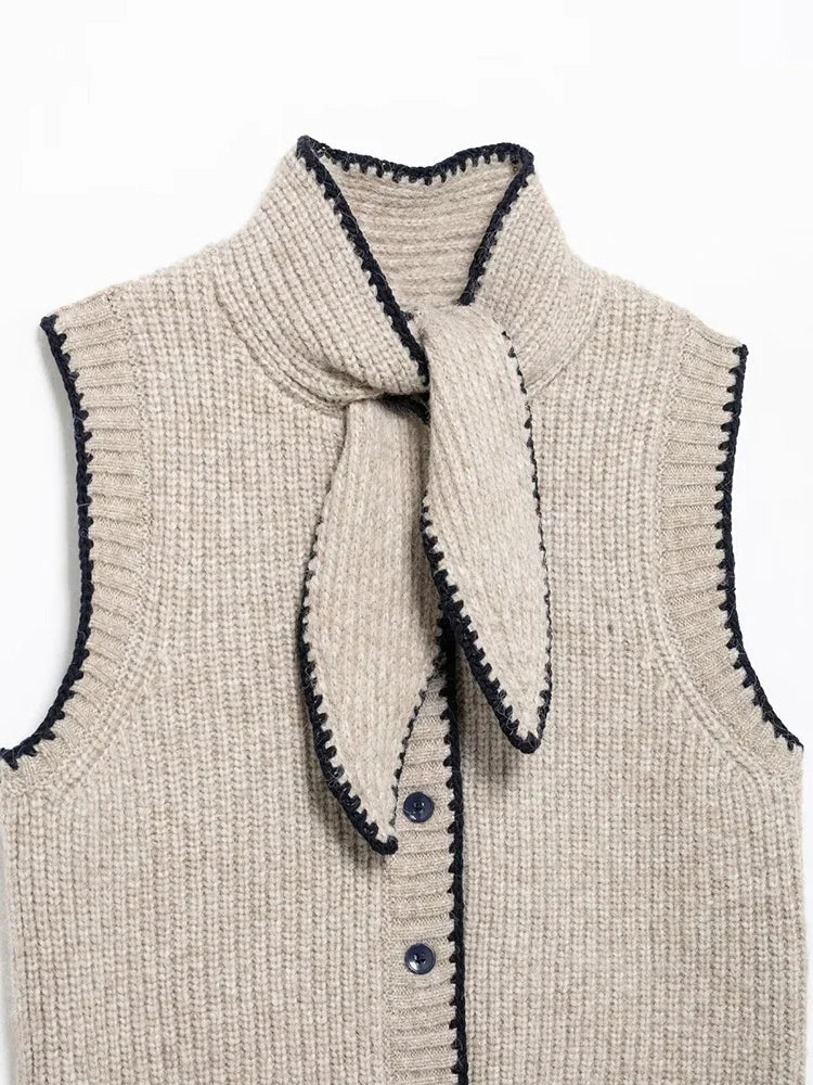 Aiertu  Women Fashion Khaki Single Breasted Knitted Vest Tank Tops Vintage Bowed Neck Sleeveless Female Chic Lady Top Aiertu