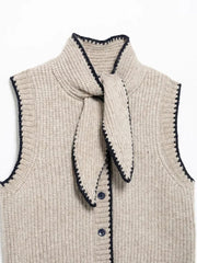 Aiertu  Women Fashion Khaki Single Breasted Knitted Vest Tank Tops Vintage Bowed Neck Sleeveless Female Chic Lady Top Aiertu