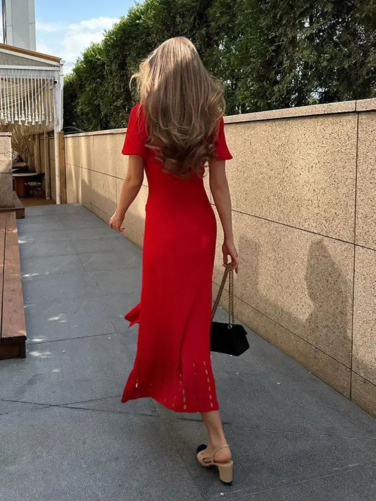 Aiertu  -  Fashion Women Contrasting Lapel Single Breasted Knitted Midi Dress Elegant V Neck Puff Short Sleeve Slim Dresses Chic Lady Robes Aiertu