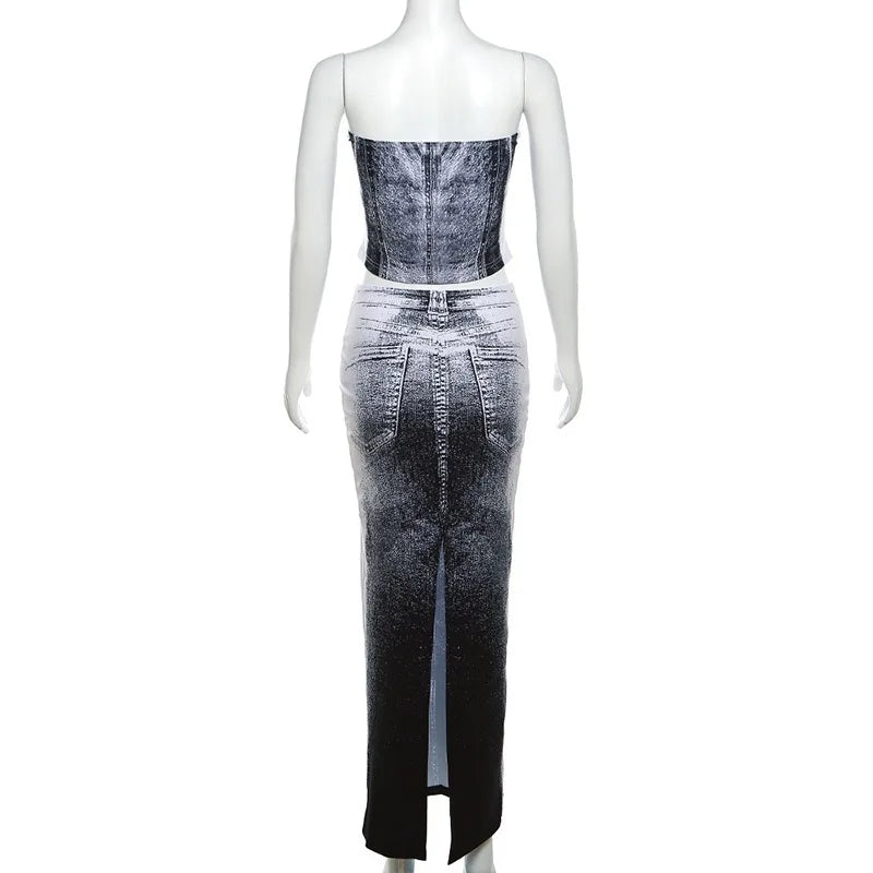 Aiertu  -  Strapless Slim Fit Crop Top, Fashion Camisole, Hip Split Maxi Skirt, Sexy Two Piece Set, Backless Streetwear, Gray Aiertu