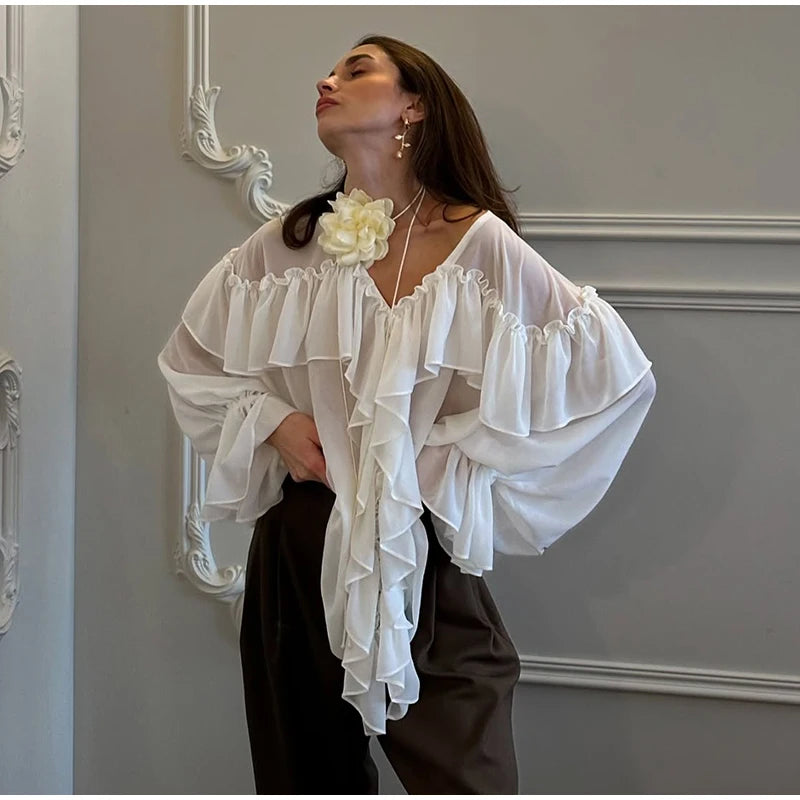Aiertu  -  Fashion Women's Ruffle Shirts Loose V-neck Long Lantern Sleeve Female Blouses 2025 Spring Summer Lady Sexy See Through Shirt New Aiertu
