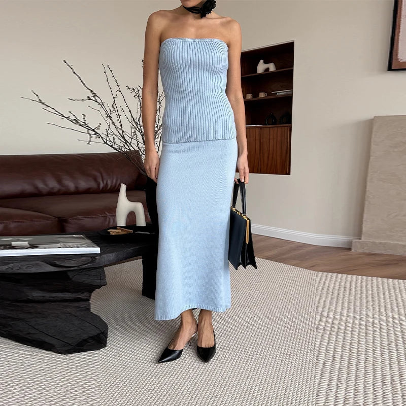 Aiertu  -  Knitted Ribbed Set With Skirt Female Sexy Slim Off Shoulder High Waist Long Skirt 2026 Autumn New Fashion Lady Knit Suit Aiertu