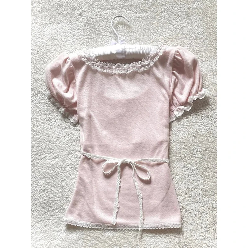 Aiertu  -  Kawaii Pink T Shirt Women Japanese Cute Bow Lace Up Tops Summer Y2K Korean Fashion Lace Patchwork Puff Short Sleeve Tees Aiertu