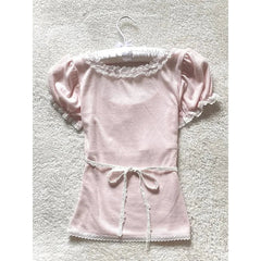 Aiertu  -  Kawaii Pink T Shirt Women Japanese Cute Bow Lace Up Tops Summer Y2K Korean Fashion Lace Patchwork Puff Short Sleeve Tees Aiertu