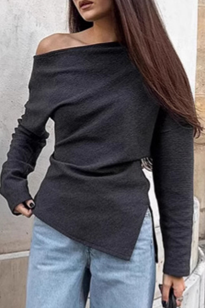 Aiertu  -Casual Street Irregular Potholes Oblique Collar Tops aiertu