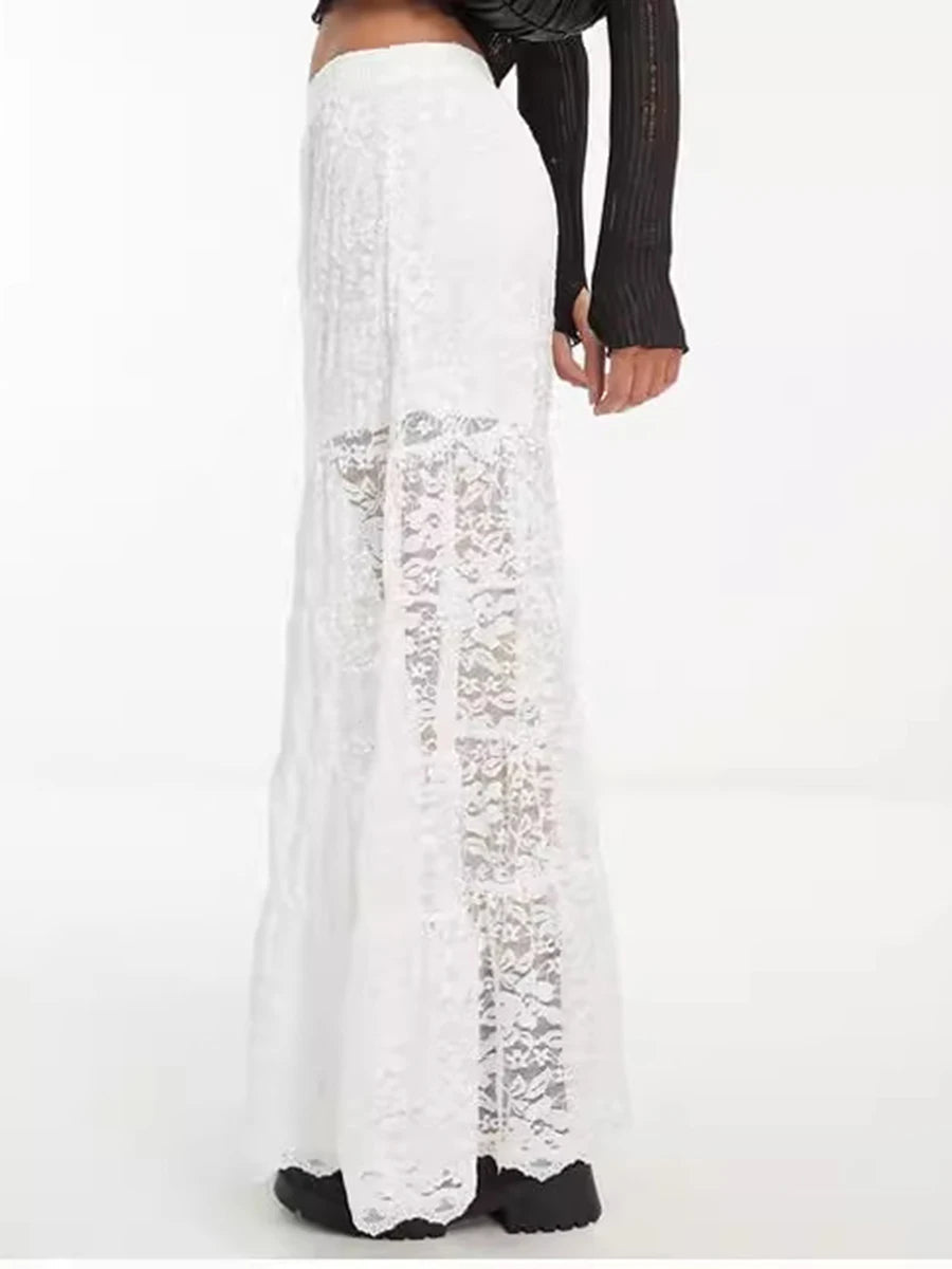Aiertu  -  Lace Jacquard Long Skirt Women Summer Elegant Elastic Waist Sheer White Maxi Skirts Streetwear Fashion Casual Sexy A-line Skirt Aiertu