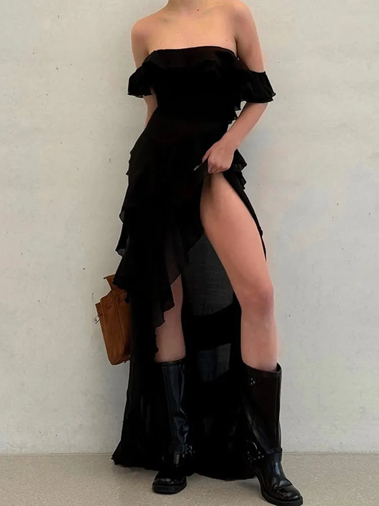 Aiertu  -  Chic Ruffle Backless Dress Women Slash Neck Sleeveless Lace Up Irregular Hem Floor-length Dresses Female 2025 Spring Lady Robe Aiertu