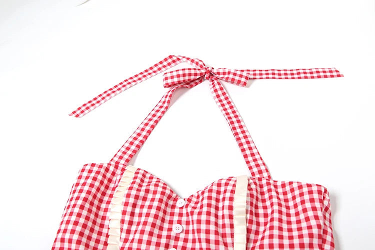 Aiertu  -  Puss Plaid Patchwork Mini Dress Women Lace-Up Halter Button Decorated Backless Vacation Street Sweet Style Fashion Outfits Aiertu