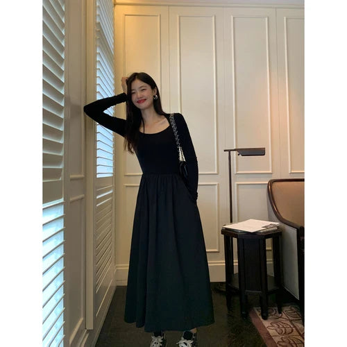 Aiertu Vintage Square Collar Maxi Wedding Dresses for Women Clothing Party Office Lady Casual Black Pockets Bodycon Midi Dress Autumn Aiertu