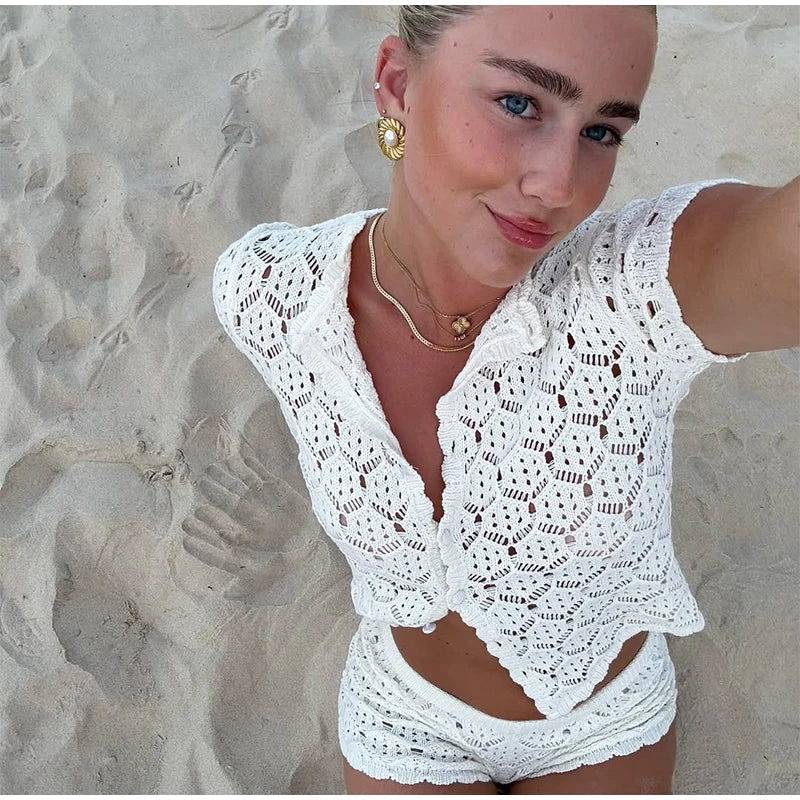Aiertu  -  Sexy Knit Beach Outfits Women Slim O Neck Short Sleeves Hollow Out Top Sets Female 2026 Spring Summer New Holiday Set 2 Pieces Aiertu