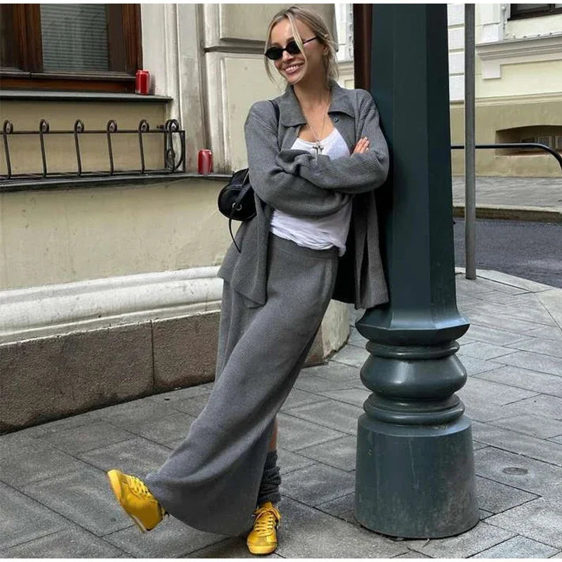 Aiertu  -  Casual Knit Cardigans Skirts Set Women Loose Lapel Single Breasted Coats High Waist Skirt 2026 Autumn New Lady Fashion Outfits Aiertu