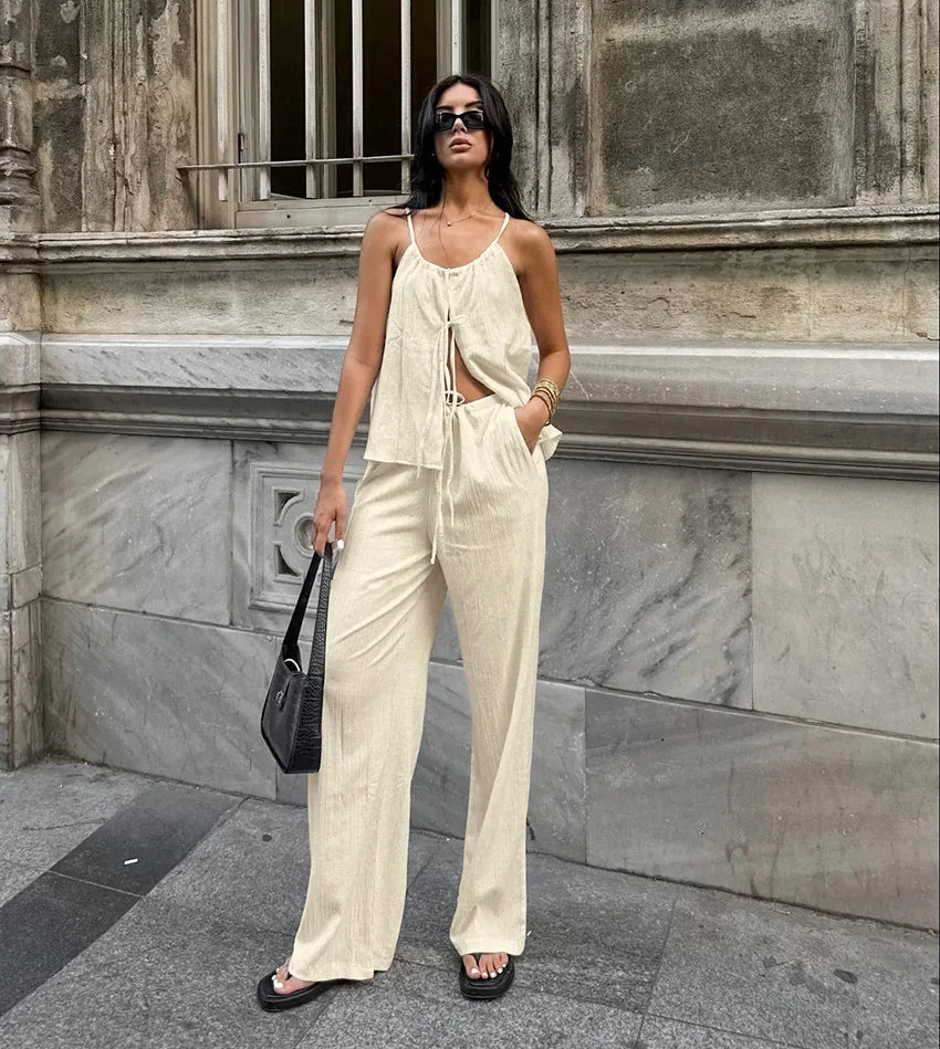 Aiertu  -  Solid Textured Pants Sets Summer Sleeveless Halter Top+Elastic Waist Trouser Suits For Women Elegant Fashion Casual 2 Piece Set Aiertu