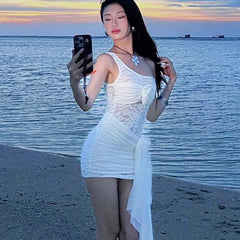 Aiertu  -  Lace Hollow Out Single Shoulder Dress For Women Solid Color Fold 3D Flower Lace Up Summer Party New Wrap Buttocks Dress Aiertu